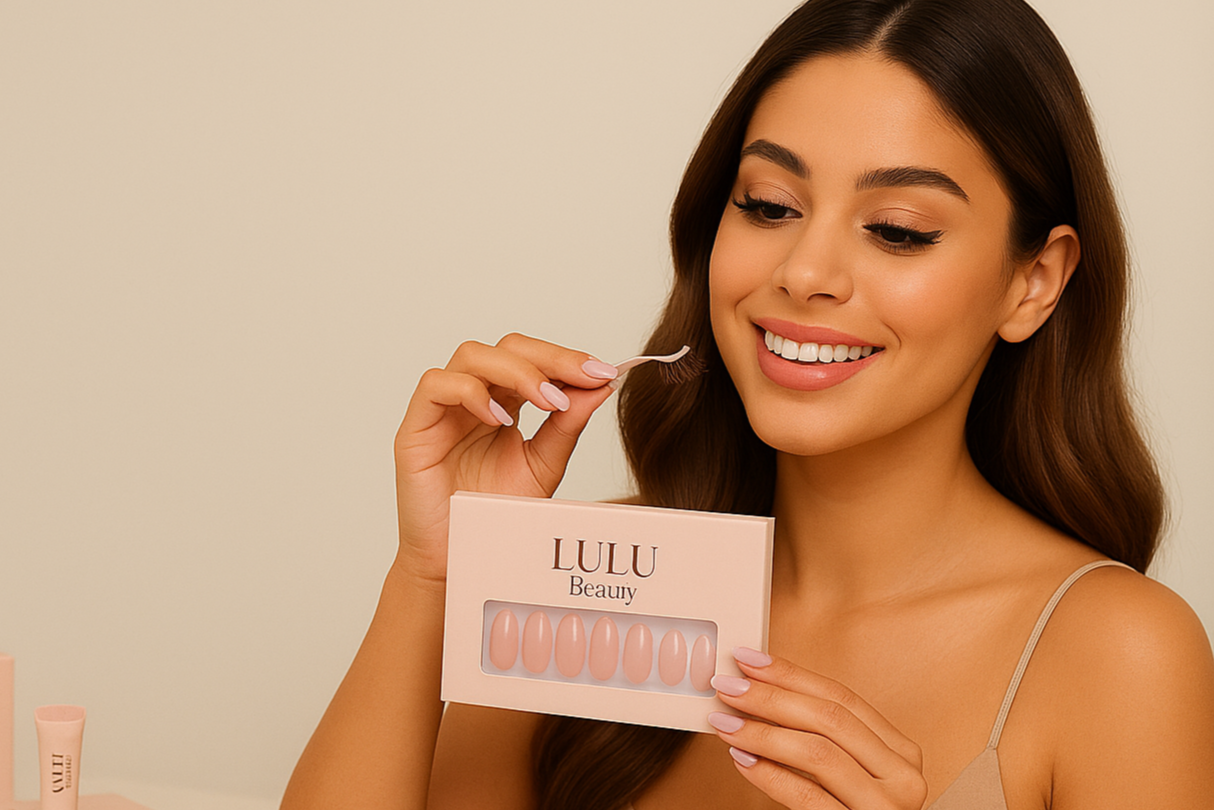 Young woman applying LULU Beauty luxury press-on nails and 3D mink lashes in a blush pink, glam vanity setting — showcasing premium beauty products for effortless, salon-quality looks.